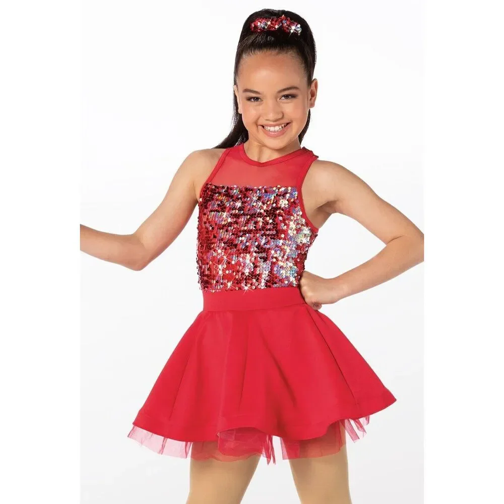 Pre-Owned Dance Costume Weissman 12619 Intermediate Child Red Dress Jazz Sequin